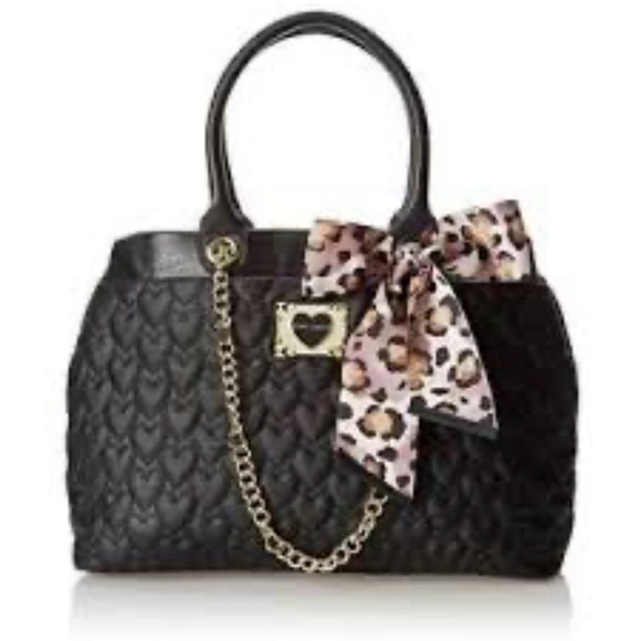 Betsey Johnson Black Heart Quilted Bag with Leopard Bow - Picture 1 of 4